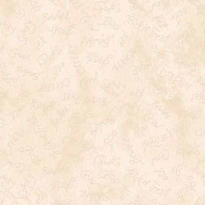 Image of pattern Spooky Words cream: A playful print featuring Halloween-themed words and phrases from the Halloween fabric collection Spooky Stiches from Maywood Studio