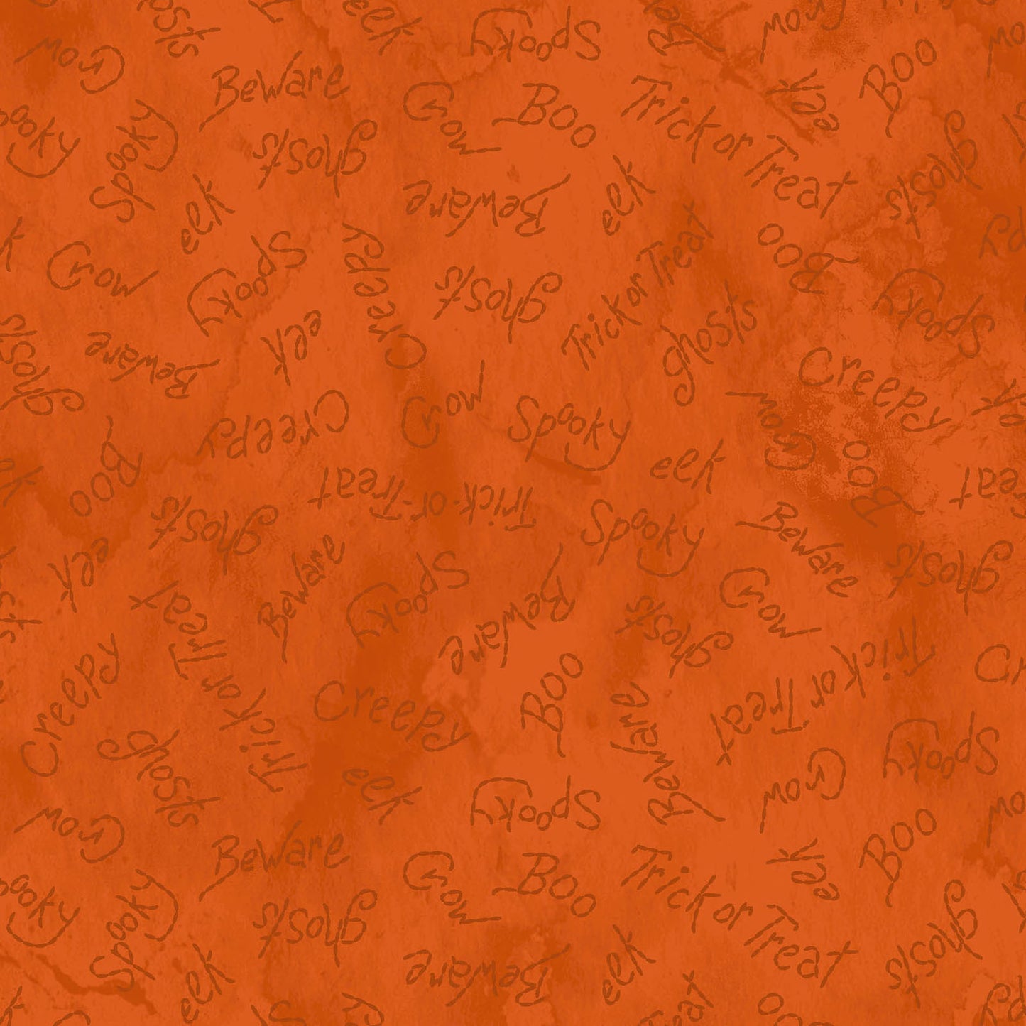 Image of pattern Spooky Words orange: A playful print featuring Halloween-themed words and phrases from the Halloween fabric collection Spooky Stiches from Maywood Studios