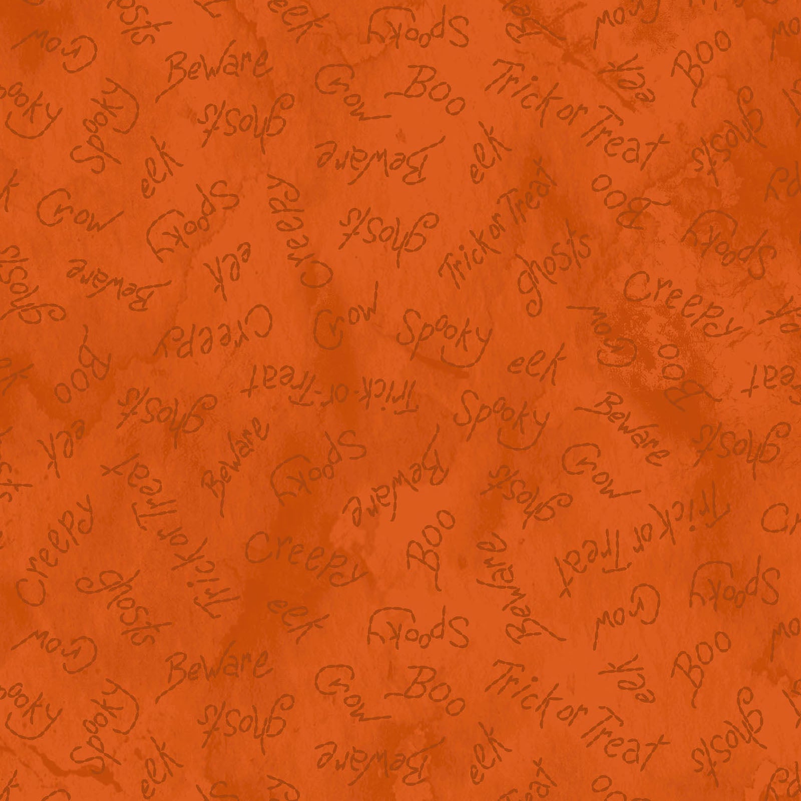 Image of pattern Spooky Words orange: A playful print featuring Halloween-themed words and phrases from the Halloween fabric collection Spooky Stiches from Maywood Studios