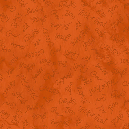 Image of pattern Spooky Words orange: A playful print featuring Halloween-themed words and phrases from the Halloween fabric collection Spooky Stiches from Maywood Studios