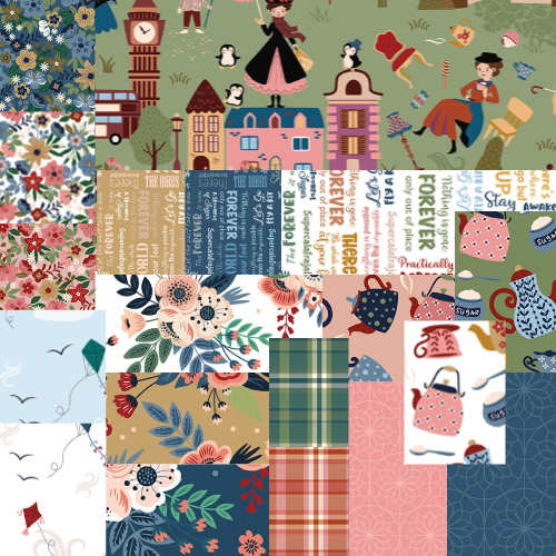Collage of the Spoonful of Sugar Fabric Collection from Riley Blake showing  different patterns in the collection 