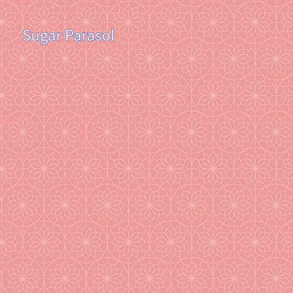 cotton fabric from spoonful of sugar collection called evening Lace Parasol design is similar to top of a parasol on pink background