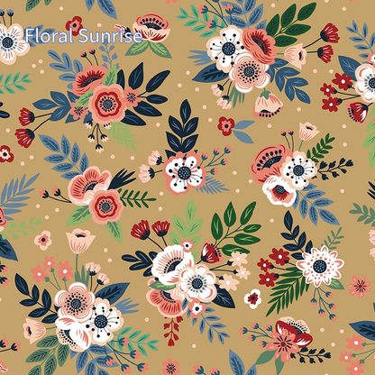 cotton fabric spoonful of sugar collection Floral bouquet pattern with pink, red, and white flowers set against a gold / dark yellow background