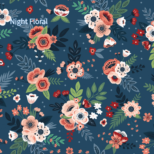 cotton fabric spoonful of sugar collection Floral bouquet pattern with pink, red, and white flowers set against a  dark blue background