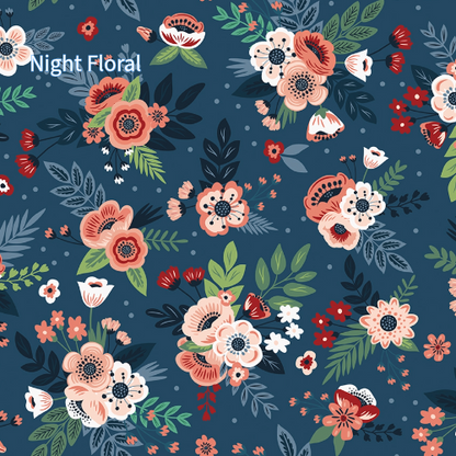 cotton fabric spoonful of sugar collection Floral bouquet pattern with pink, red, and white flowers set against a  dark blue background