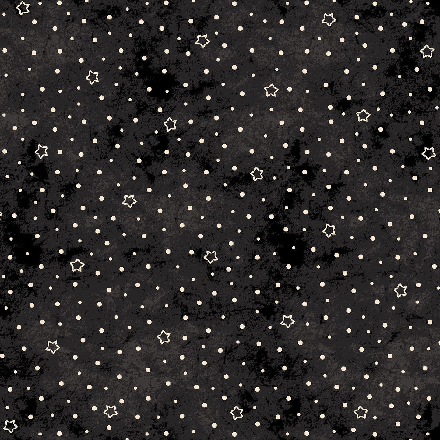 Image  shown of pattern Stars & Moons in black: Celestial pattern with stars and moons on a mottled background from the Halloween fabric collection Spooky Stiches from Maywood Studios