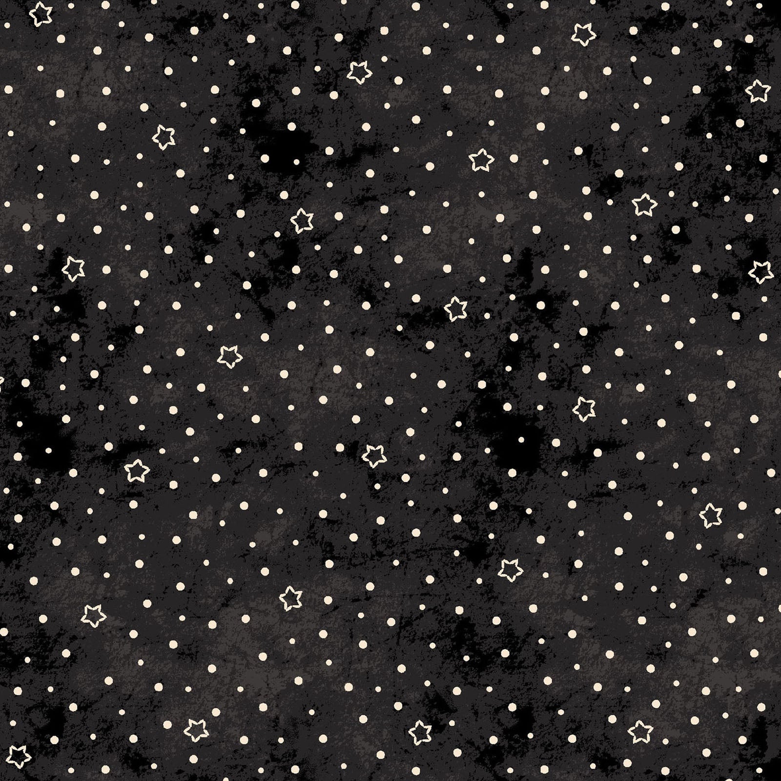 Image  shown of pattern Stars & Moons in black: Celestial pattern with stars and moons on a mottled background from the Halloween fabric collection Spooky Stiches from Maywood Studios
