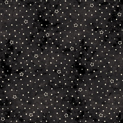 Image  shown of pattern Stars & Moons in black: Celestial pattern with stars and moons on a mottled background from the Halloween fabric collection Spooky Stiches from Maywood Studios
