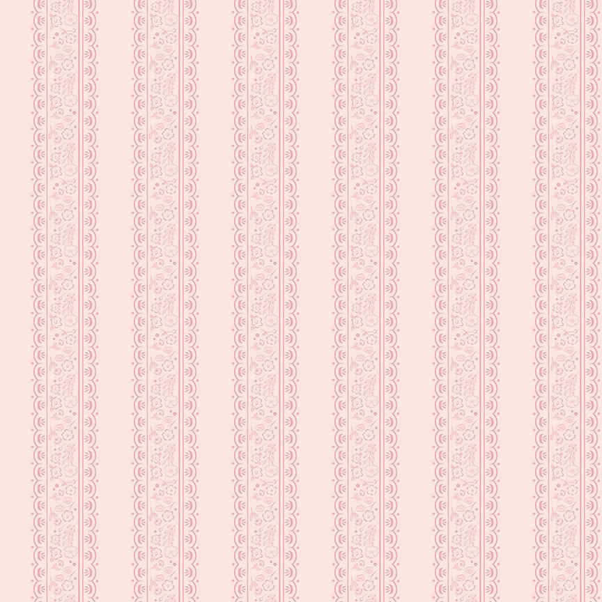This stripe and floral blush pattern from The Sweet Pink collection by My Mind’s Eye for Riley Blake Designs is one of 3 patterns in the collection with a vertical, striped pattern filled with small floral illustration. This image has a blush colored background