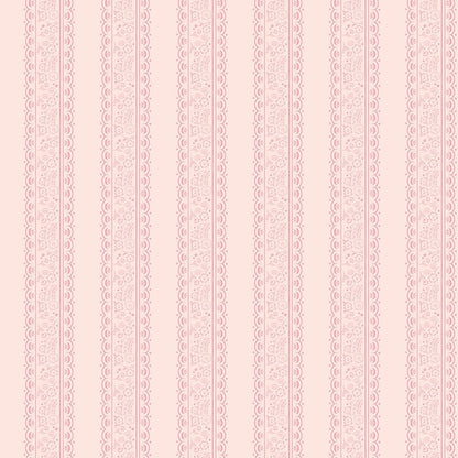 This stripe and floral blush pattern from The Sweet Pink collection by My Mind’s Eye for Riley Blake Designs is one of 3 patterns in the collection with a vertical, striped pattern filled with small floral illustration. This image has a blush colored background