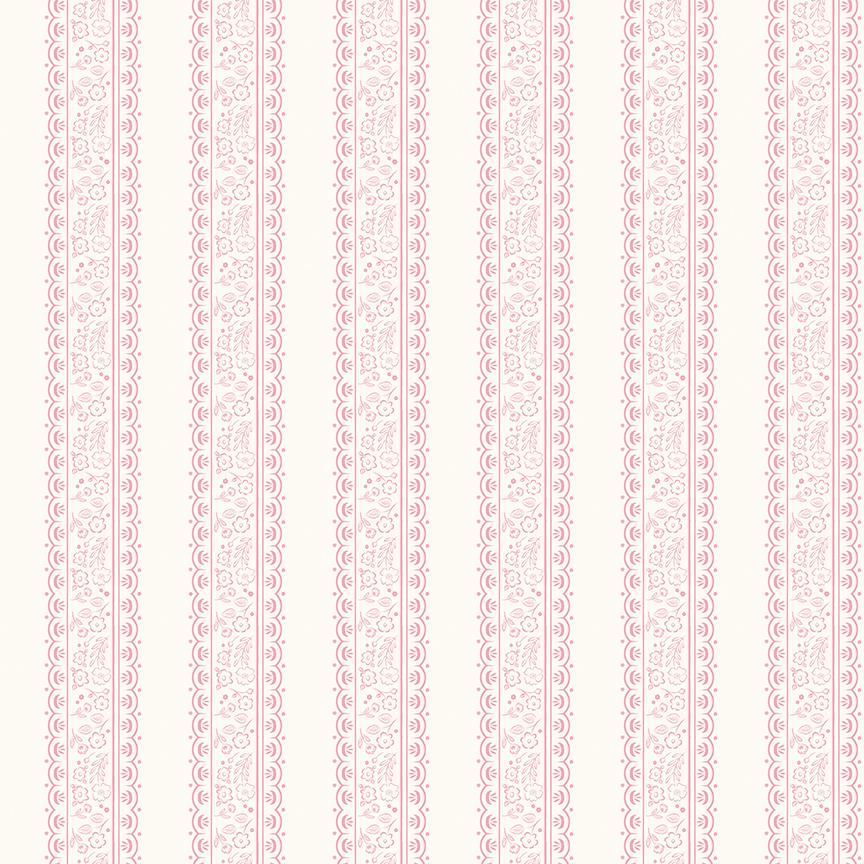 This stripe and floral cream pattern from The Sweet Pink collection by My Mind’s Eye for Riley Blake Designs is one of 3 patterns in the collection with a vertical, striped pattern filled with small floral illustration. This image has a blush colored background