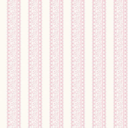 This stripe and floral cream pattern from The Sweet Pink collection by My Mind’s Eye for Riley Blake Designs is one of 3 patterns in the collection with a vertical, striped pattern filled with small floral illustration. This image has a blush colored background