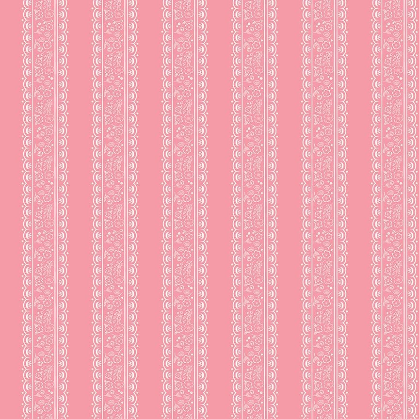 This stripe and floral pink pattern from The Sweet Pink collection by My Mind’s Eye for Riley Blake Designs is one of 3 patterns in the collection with a vertical, striped pattern filled with small floral illustration. This image has a blush colored background