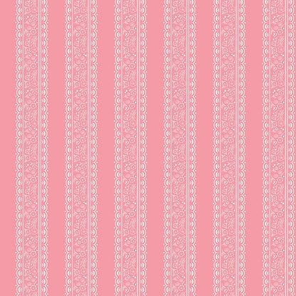 This stripe and floral pink pattern from The Sweet Pink collection by My Mind’s Eye for Riley Blake Designs is one of 3 patterns in the collection with a vertical, striped pattern filled with small floral illustration. This image has a blush colored background