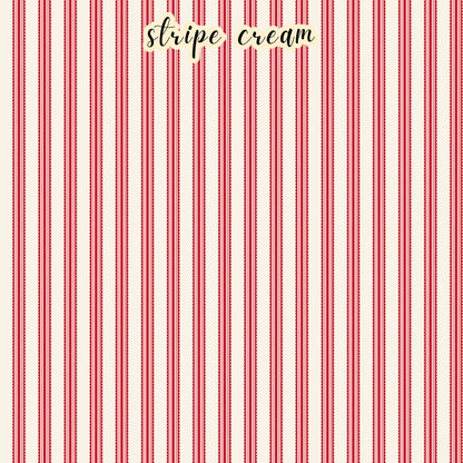 The Letters to Cupid fabric collection, the striped creme pattern features red stripes on a creme colored background. This 100% cotton quilting fabric is 43"/44" wide and is suitable for quilting, apparel, and home decor.