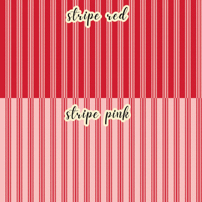 The Letters to Cupid fabric collection, the striped red and striped pink patterns feature pink stripes on a red background and red stripes on a pink background. This 100% cotton quilting fabric is 43"/44" wide and is suitable for quilting, apparel, and home decor.