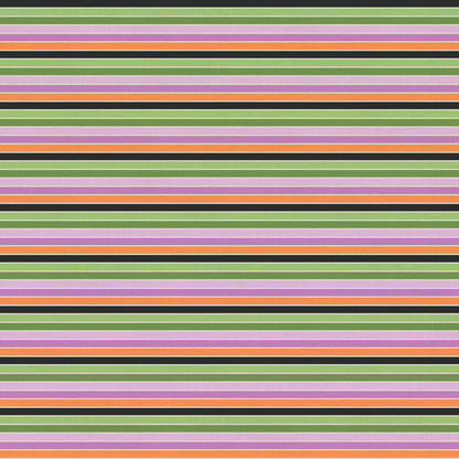 Tricks and Treat 100 cotton fabric collection, this pattern is Stripe: A multi-colored striped fabric that coordinates with the collection's playful palette. The collection is designed in a style that is "spooky but sweet" and is printed on 100% premium cotton, making it suitable for quilts and crafty Halloween projects.