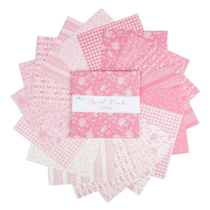 This 10" stacker is the Sweet Pink collection by My Mind’s Eye for Riley Blake Designs is a soft, feminine fabric line characterized by a romantic and nostalgic aesthetic. It features a delicate palette of blush, rose, and cream, centered around vintage-inspired motifs like dainty florals and classic gingham.
- 10" Stacker 42 pieces