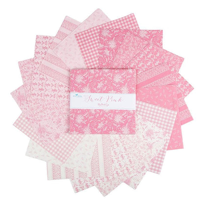 This 10" stacker is the Sweet Pink collection by My Mind’s Eye for Riley Blake Designs is a soft, feminine fabric line characterized by a romantic and nostalgic aesthetic. It features a delicate palette of blush, rose, and cream, centered around vintage-inspired motifs like dainty florals and classic gingham.
- 10" Stacker 42 pieces