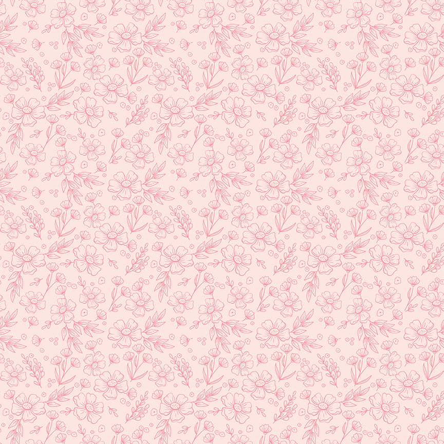 This floral blush pattern from The Sweet Pink collection by My Mind’s Eye for Riley Blake Designs is one of  3 floral patterns in the collection that are a medium-scale floral design serving as a beautiful coordinate or secondary focus for quilting blocks.   This image is the blush background