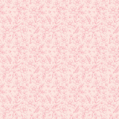 This floral blush pattern from The Sweet Pink collection by My Mind’s Eye for Riley Blake Designs is one of  3 floral patterns in the collection that are a medium-scale floral design serving as a beautiful coordinate or secondary focus for quilting blocks.   This image is the blush background