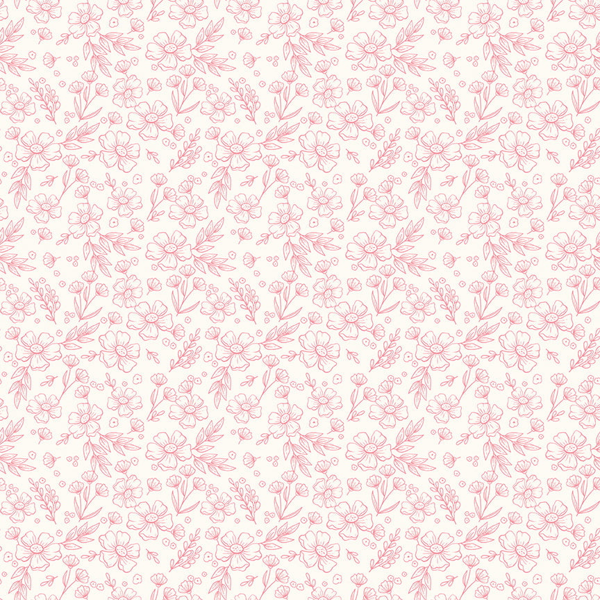 This floral cream pattern from The Sweet Pink collection by My Mind’s Eye for Riley Blake Designs is one of  3 floral patterns in the collection that are a medium-scale floral design serving as a beautiful coordinate or secondary focus for quilting blocks. This image has a cream background