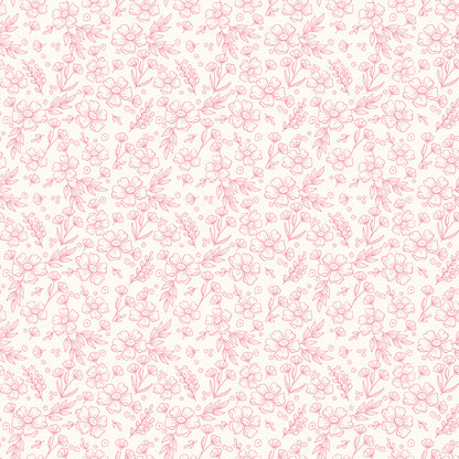 This floral cream pattern from The Sweet Pink collection by My Mind’s Eye for Riley Blake Designs is one of  3 floral patterns in the collection that are a medium-scale floral design serving as a beautiful coordinate or secondary focus for quilting blocks. This image has a cream background