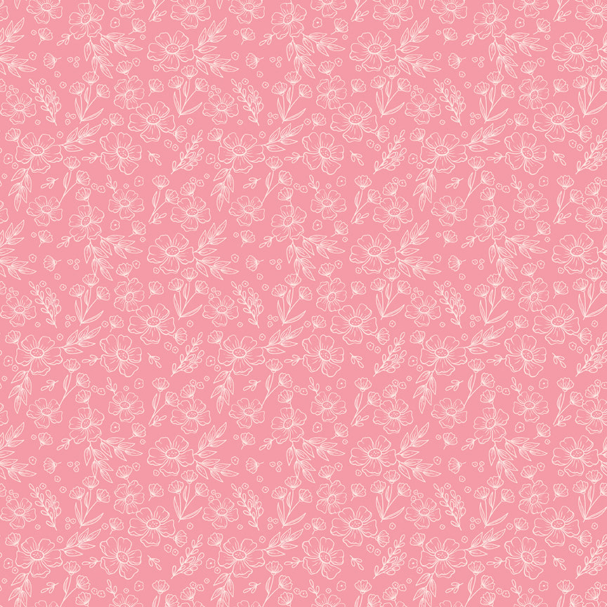 This floral pink pattern from The Sweet Pink collection by My Mind’s Eye for Riley Blake Designs is one of  3 floral patterns in the collection that are a medium-scale floral design serving as a beautiful coordinate or secondary focus for quilting blocks. This image has a pink background