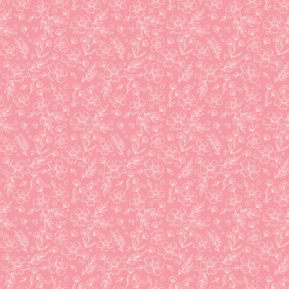 This floral pink pattern from The Sweet Pink collection by My Mind’s Eye for Riley Blake Designs is one of  3 floral patterns in the collection that are a medium-scale floral design serving as a beautiful coordinate or secondary focus for quilting blocks. This image has a pink background