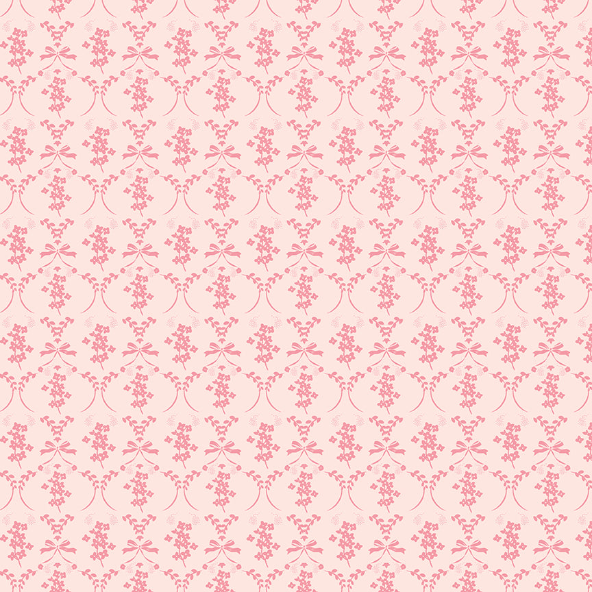 This flowers and bows blush pattern from The Sweet Pink collection by My Mind’s Eye for Riley Blake Designs is one of 3 patterns in the collection which feature a delicate, romantic pattern featuring ribbons and small flowers. This image has a blush colored background