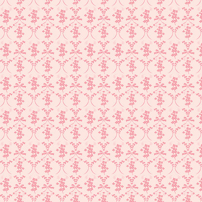 This flowers and bows blush pattern from The Sweet Pink collection by My Mind’s Eye for Riley Blake Designs is one of 3 patterns in the collection which feature a delicate, romantic pattern featuring ribbons and small flowers. This image has a blush colored background