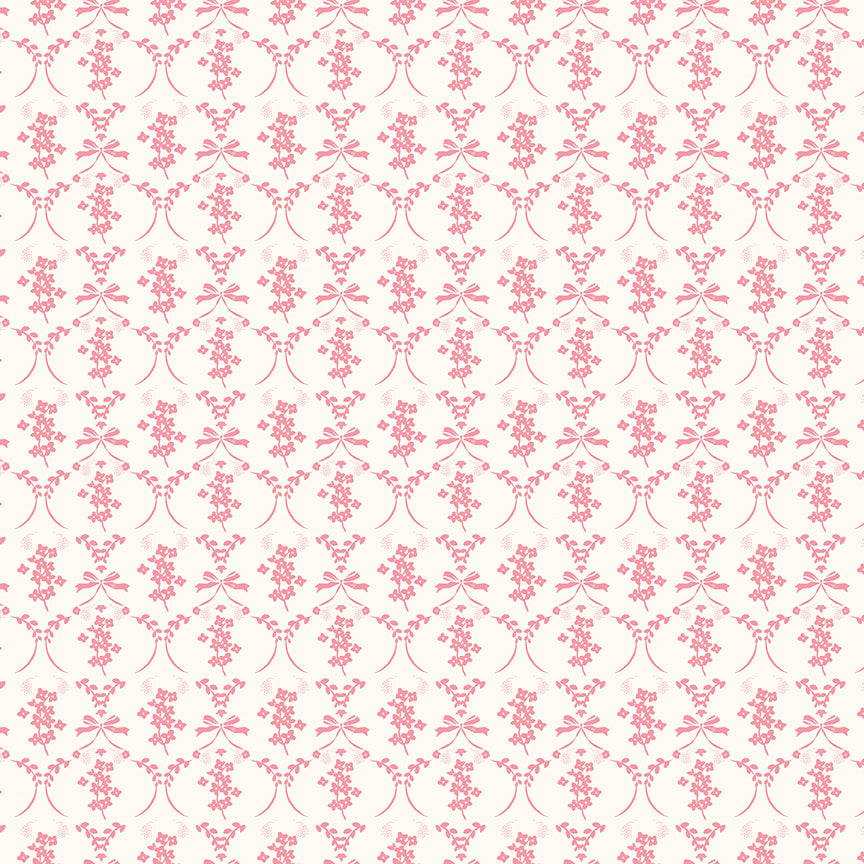 This flowers and bows cream pattern from The Sweet Pink collection by My Mind’s Eye for Riley Blake Designs is one of 3 patterns in the collection which feature a delicate, romantic pattern featuring ribbons and small flowers. This image has a cream colored background