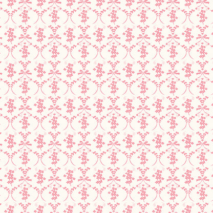 This flowers and bows cream pattern from The Sweet Pink collection by My Mind’s Eye for Riley Blake Designs is one of 3 patterns in the collection which feature a delicate, romantic pattern featuring ribbons and small flowers. This image has a cream colored background
