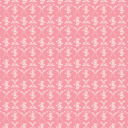 This flowers and bows pink pattern from The Sweet Pink collection by My Mind’s Eye for Riley Blake Designs is one of 3 patterns in the collection which feature a delicate, romantic pattern featuring ribbons and small flowers. This image has a pink colored background