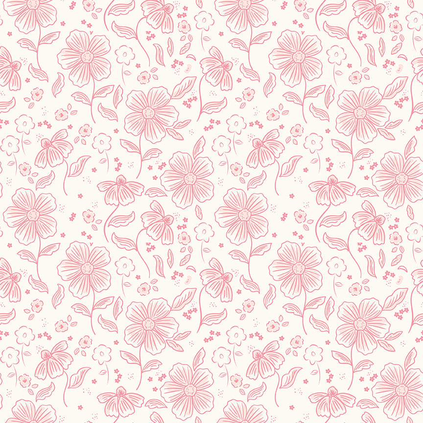 This main cream pattern from The Sweet Pink collection by My Mind’s Eye for Riley Blake Designs is one of  3 main floral patterns in the collection. These are the focal prints of the collection, featuring large, lush blooming florals that capture a romantic, vintage-inspired aesthetic. This image is the cream colored background 
Main Pink (C17410-PINK)