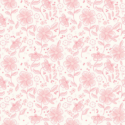 This main cream pattern from The Sweet Pink collection by My Mind’s Eye for Riley Blake Designs is one of  3 main floral patterns in the collection. These are the focal prints of the collection, featuring large, lush blooming florals that capture a romantic, vintage-inspired aesthetic. This image is the cream colored background 
Main Pink (C17410-PINK)