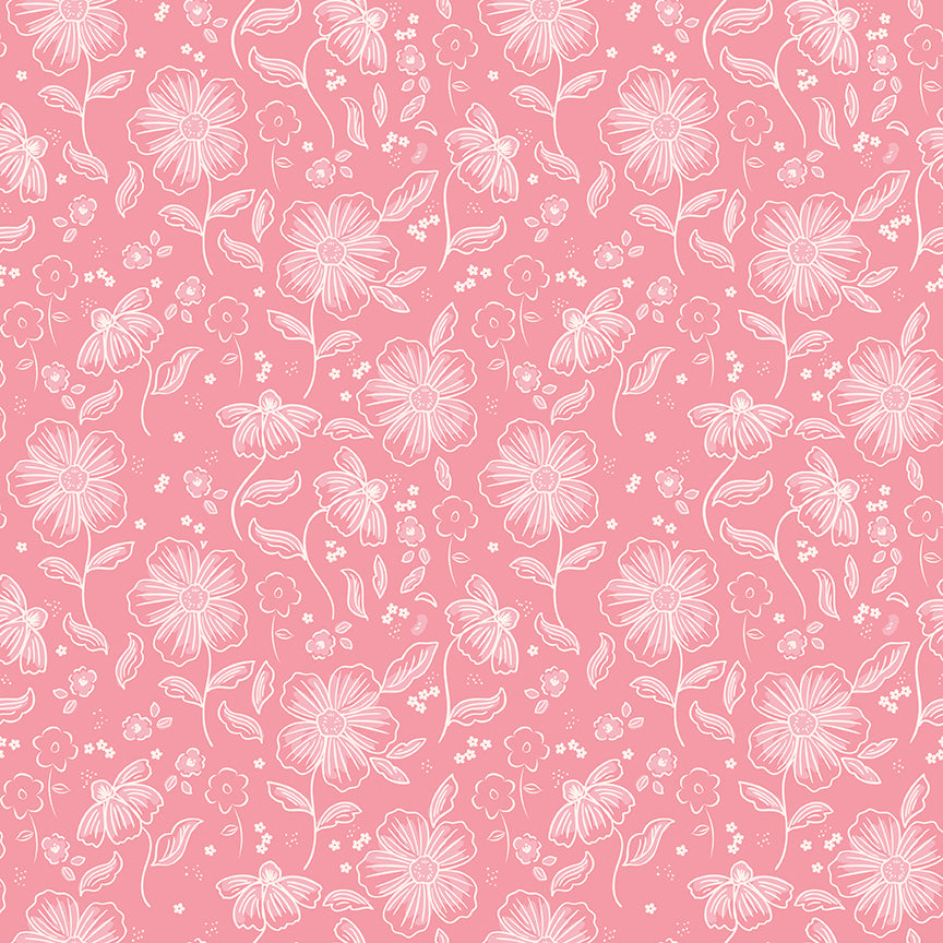 This main pink pattern from The Sweet Pink collection by My Mind’s Eye for Riley Blake Designs is one of  3 main floral patterns in the collection. These are the focal prints of the collection, featuring large, lush blooming florals that capture a romantic, vintage-inspired aesthetic. This image is the pink background main