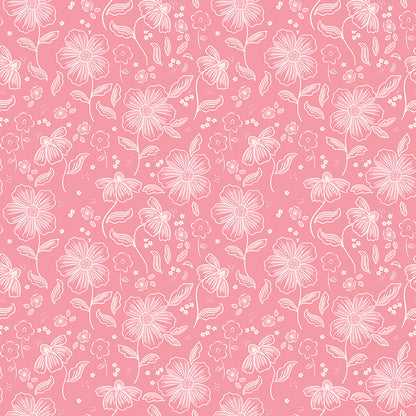 This main pink pattern from The Sweet Pink collection by My Mind’s Eye for Riley Blake Designs is one of  3 main floral patterns in the collection. These are the focal prints of the collection, featuring large, lush blooming florals that capture a romantic, vintage-inspired aesthetic. This image is the pink background main