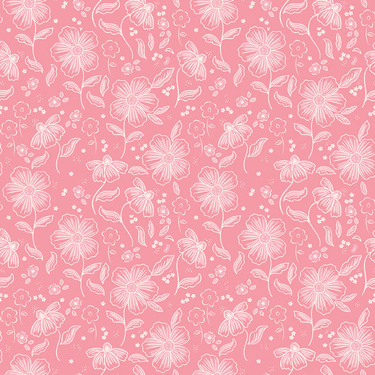 This main pink pattern from The Sweet Pink collection by My Mind’s Eye for Riley Blake Designs is one of  3 main floral patterns in the collection. These are the focal prints of the collection, featuring large, lush blooming florals that capture a romantic, vintage-inspired aesthetic. This image is the pink background main