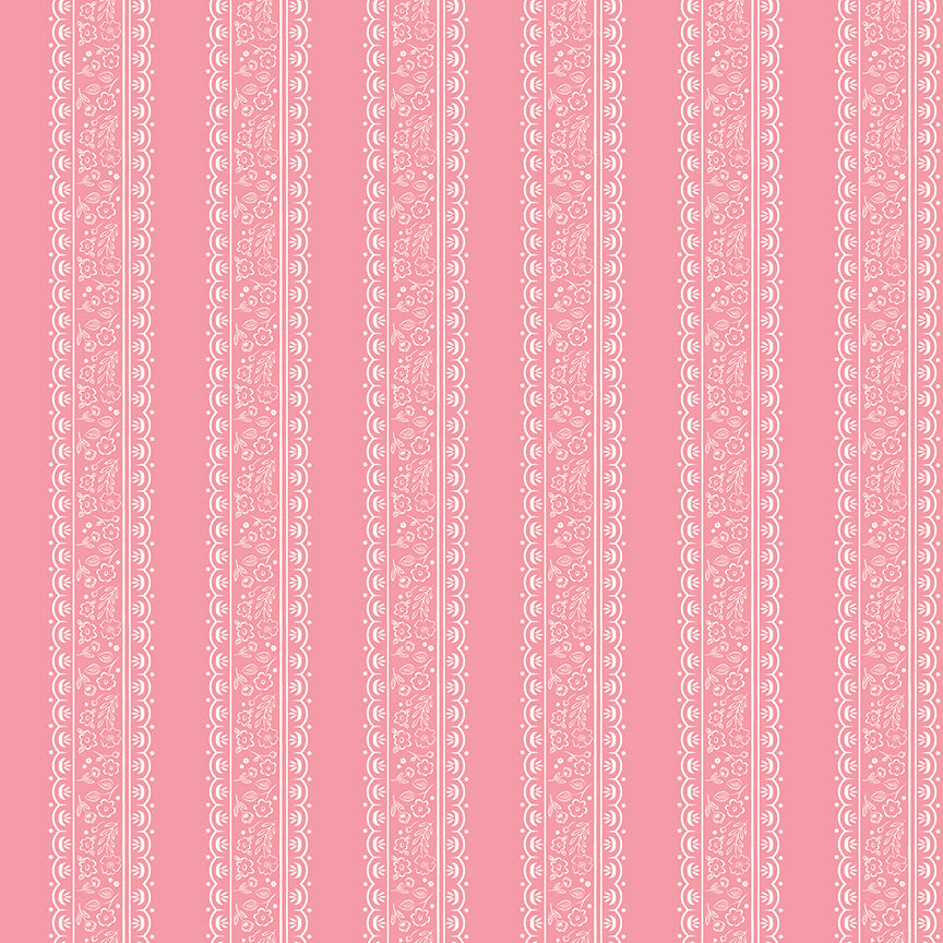 This stripe and floral pink pattern from The Sweet Pink collection by My Mind’s Eye for Riley Blake Designs is one of 3 patterns in the collection with a vertical, striped pattern filled with small floral illustration. This image has a pink colored background