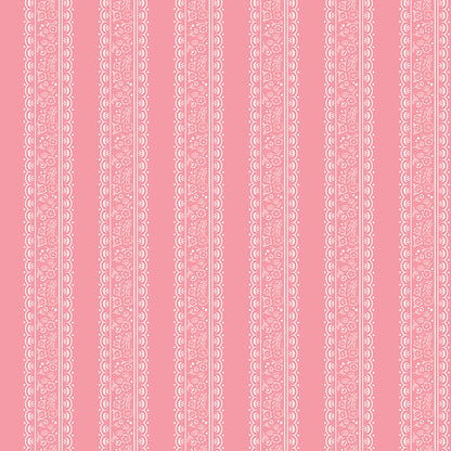 This stripe and floral pink pattern from The Sweet Pink collection by My Mind’s Eye for Riley Blake Designs is one of 3 patterns in the collection with a vertical, striped pattern filled with small floral illustration. This image has a pink colored background