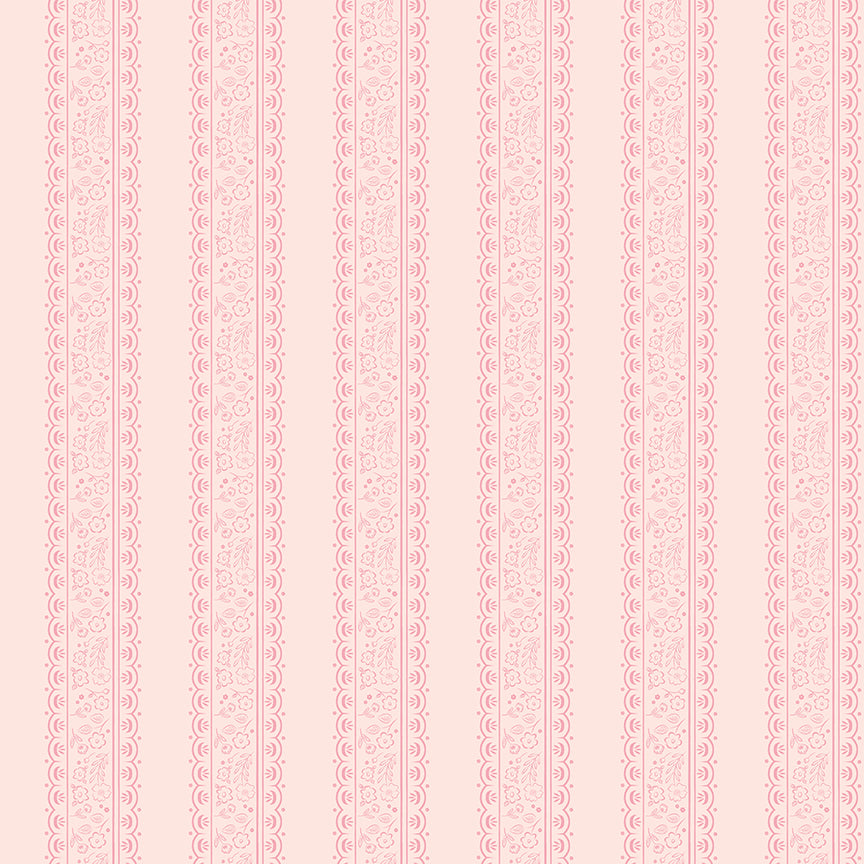 This stripe and floral blush pattern from The Sweet Pink collection by My Mind’s Eye for Riley Blake Designs is one of 3 patterns in the collection with a vertical, striped pattern filled with small floral illustration. This image has a blush colored background
