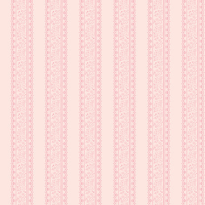 This stripe and floral blush pattern from The Sweet Pink collection by My Mind’s Eye for Riley Blake Designs is one of 3 patterns in the collection with a vertical, striped pattern filled with small floral illustration. This image has a blush colored background