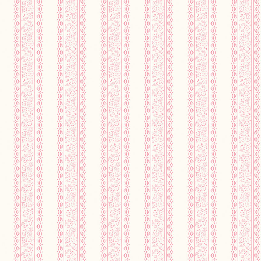 This stripe and floral cream pattern from The Sweet Pink collection by My Mind’s Eye for Riley Blake Designs is one of 3 patterns in the collection with a vertical, striped pattern filled with small floral illustration. This image has a cream colored background