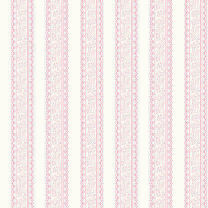 This stripe and floral cream pattern from The Sweet Pink collection by My Mind’s Eye for Riley Blake Designs is one of 3 patterns in the collection with a vertical, striped pattern filled with small floral illustration. This image has a cream colored background