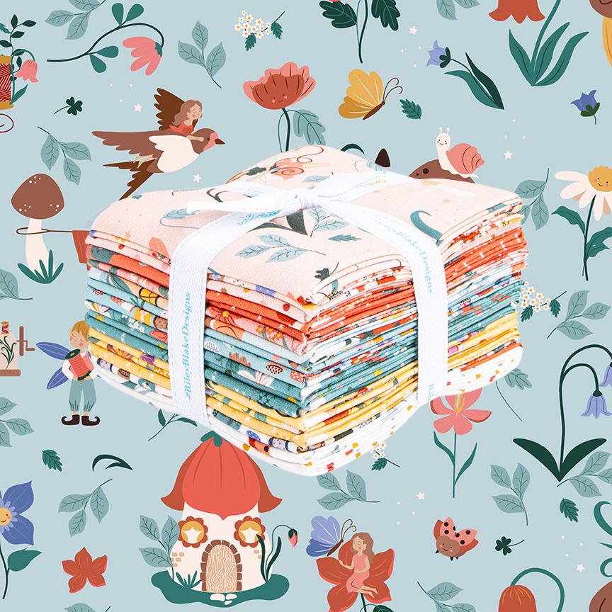 cotton fabric thimbelina collection from riley blake  fat quarter bundle floral and whimsical patterns depicting a fantasy theme combined with sewing   