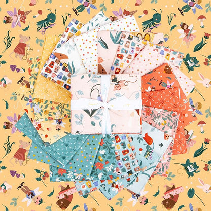 cotton fabric thimbelina collection from riley blake  fat quarter bundle fanned out picture floral and whimsical patterns depicting a fantasy theme combined with sewing   