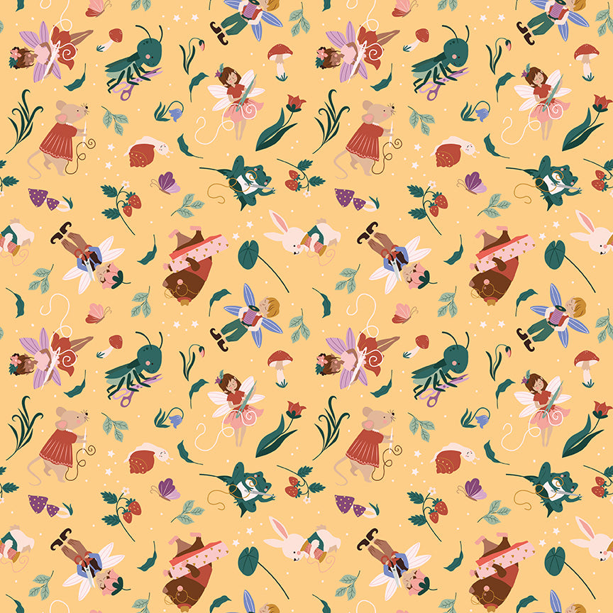 thimbelina fabric collection Pattern of fairies, mice, and flowers on a yellow background with sewing theme