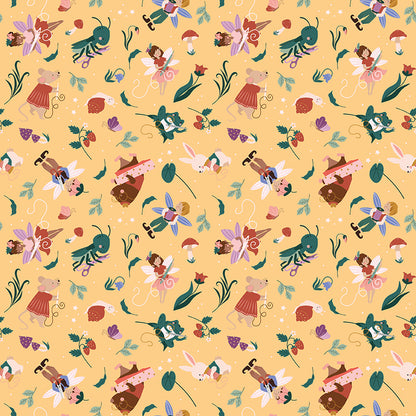 thimbelina fabric collection Pattern of fairies, mice, and flowers on a yellow background with sewing theme