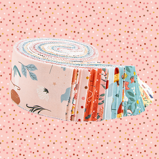 cotton fabric thimbelina collection from riley blake  roie polie / strip roll bundle floral and whimsical patterns depicting a fantasy theme combined with sewing   